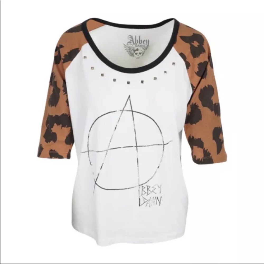 Abbey Dawn Avril Atomic “A” Graphic Raglan Love Leopard Print Shirt White Tee XS